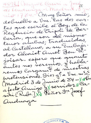 Carta de Miguel Casiri a José de Anduaga